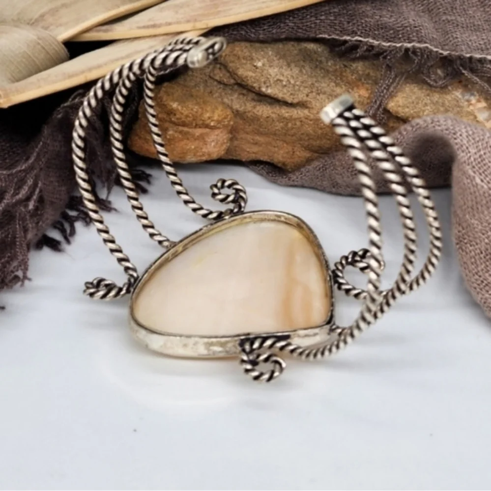 Large Genuine CALCITE Cabochons White Rhodium/925 Silver Bracelet Boho Jewelry